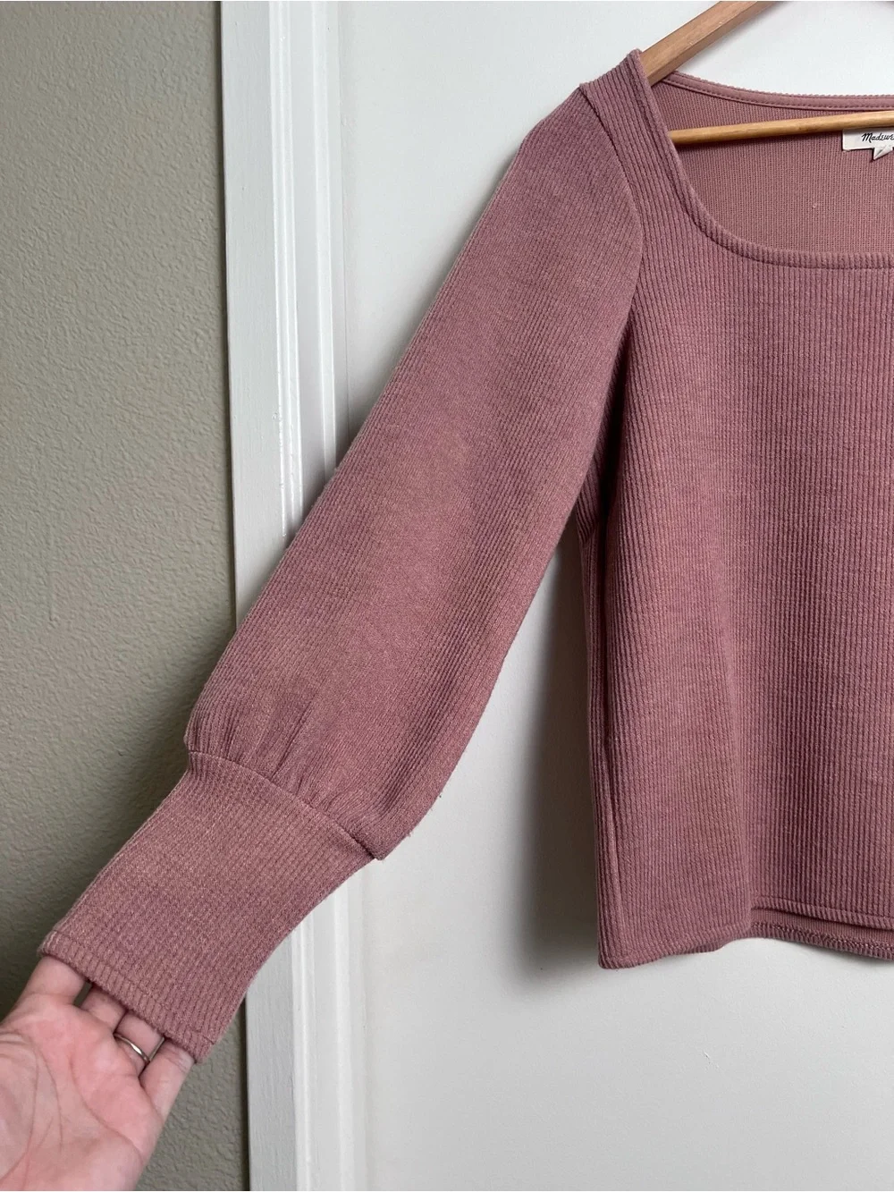 Madewell S Dusty Rose Square Neck Balloon Sleeve Ribbed Knit Top